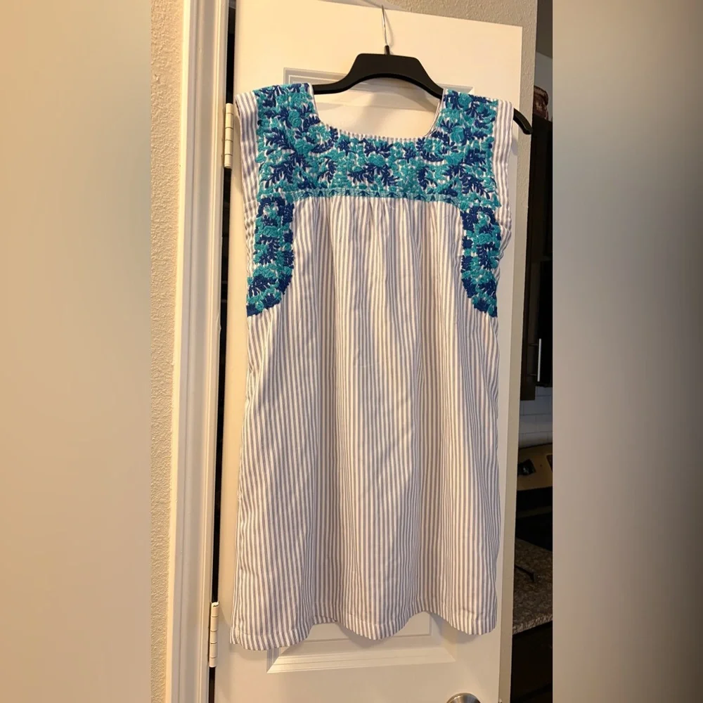 J. Marie Sleeveless Cotton Blue Stripe Mini Dress with Teal Floral Embroidery - Picture 2 of 6